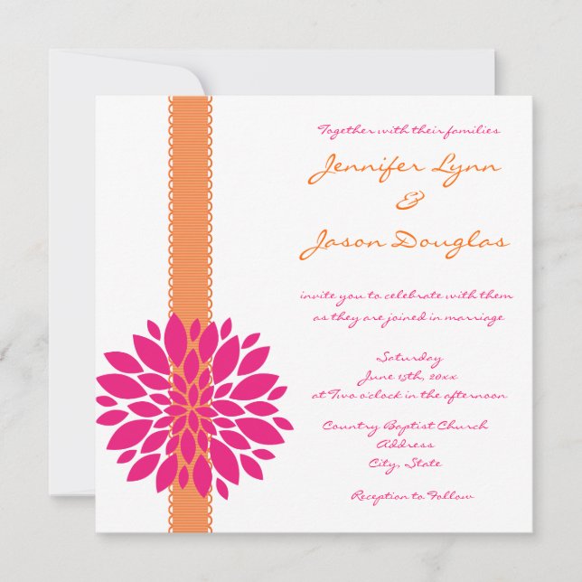 Orange Ribbon Pink Flower Wedding Invitations (Front)