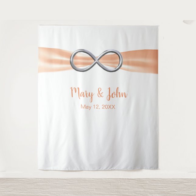 Orange Ribbon Silver Infinity Wedding Backdrop Tapestry (Front)