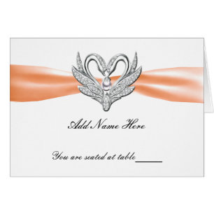 Orange Ribbon Silver Swans Folded Table Place Card