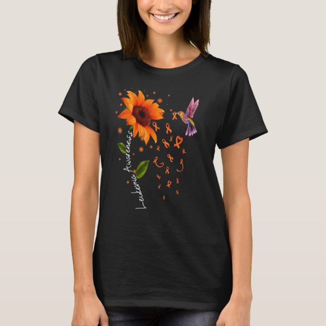 Orange Ribbon Sunflower Hummingbird Leukaemia Awar T-Shirt (Front)
