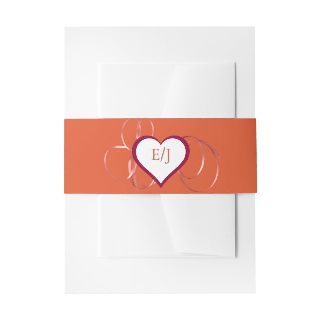 Orange Ribbon Swirl and Heart Monogram Invitation Belly Band (Front Example)