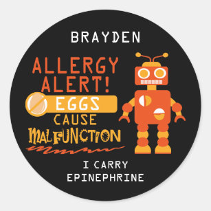 Orange Robot Egg Allergy Alert Personalised Classic Round Sticker