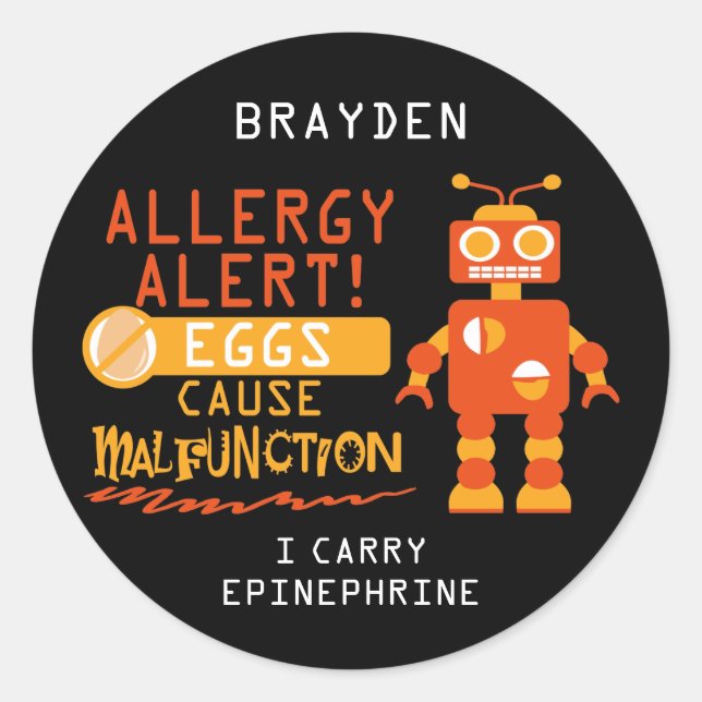 Orange Robot Egg Allergy Alert Personalised Classic Round Sticker (Front)
