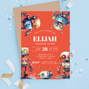 Orange Robots Tech Gear Builder Birthday Party Invitation