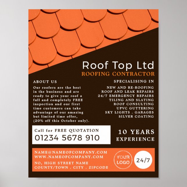 Orange Roof Tiles, Roofer, Roofing Contractor Poster (Front)
