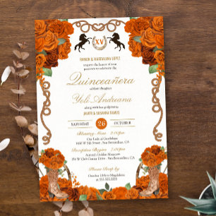 Orange Rose Floral Charro Ranch Quinceañera Invitation