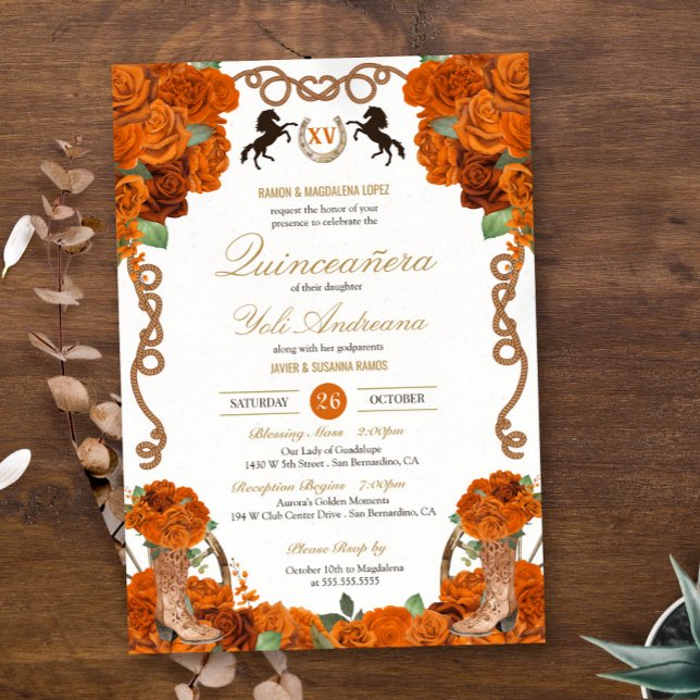 Orange Rose Floral Charro Ranch Quinceañera Invitation (Creator Uploaded)
