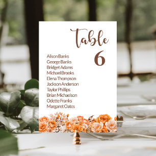 Orange Rose Floral Wedding Table Number