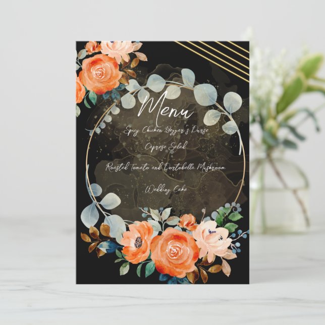 Orange Rose & Gold and Black Wedding Menu (Standing Front)