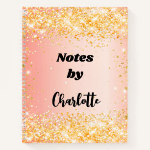 Orange rose gold glitter name script notebook
