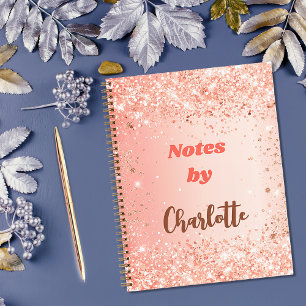Orange rose gold glitter name script notebook