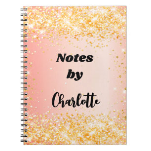 Orange rose gold glitter name script notebook