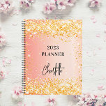 Orange rose gold glitter script glam 2025 planner<br><div class="desc">An orange and rose gold gradient background. Decorated with faux gold glitter sparkles. Personalize and add a title and a name. The name is written with a modern script,  signature look.</div>