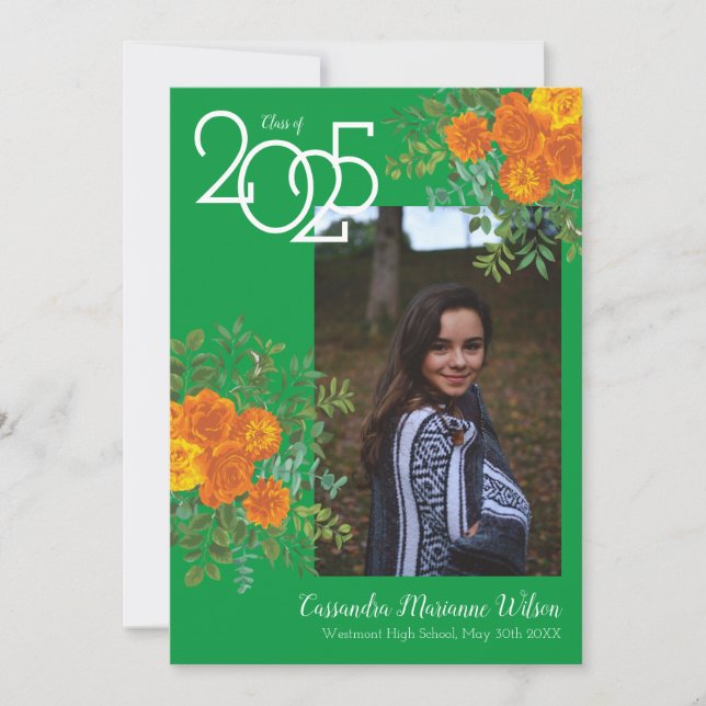 Orange Rose green Photo Graduation Announcement (Front)