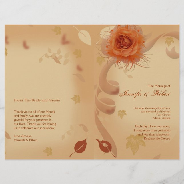 Orange Rose in the Fall Wedding Program (Front)
