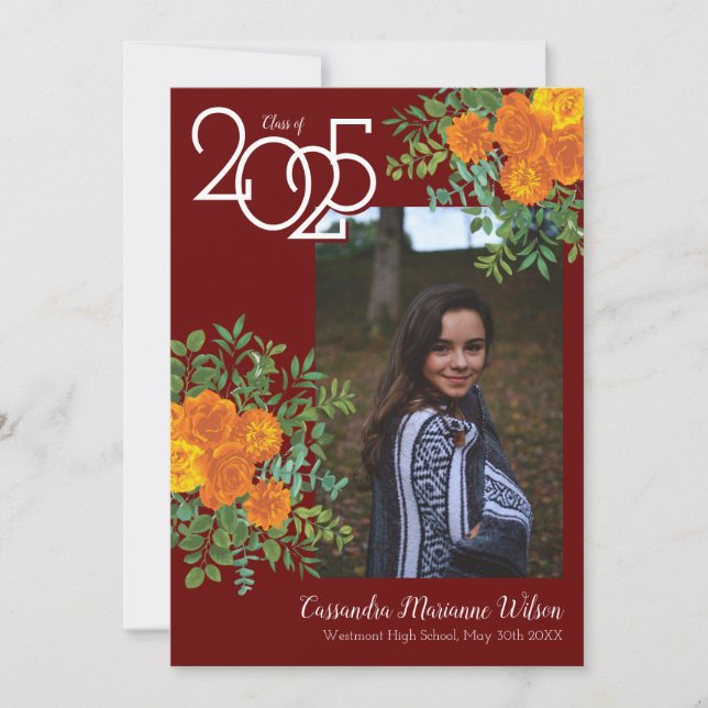 Orange Rose Maroon Photo Graduation Announcement (Front)