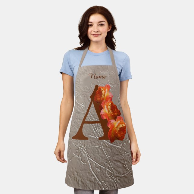 Orange Rose Monogram Initial A Personalised Apron (Worn)