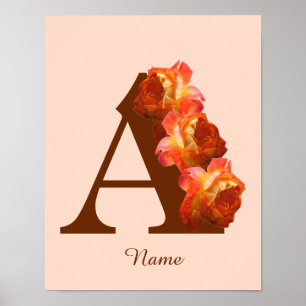 Orange Rose Monogram Initial A Personalised Poster