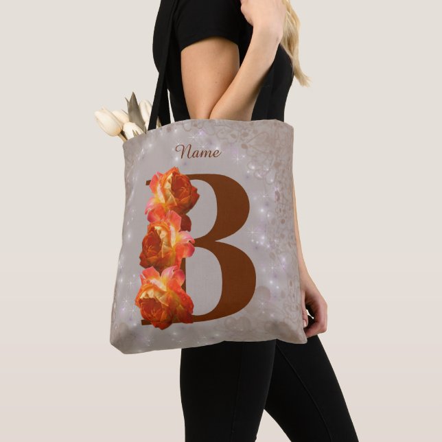 Orange Rose Monogram Initial B Personalised Tote Bag (Close Up)