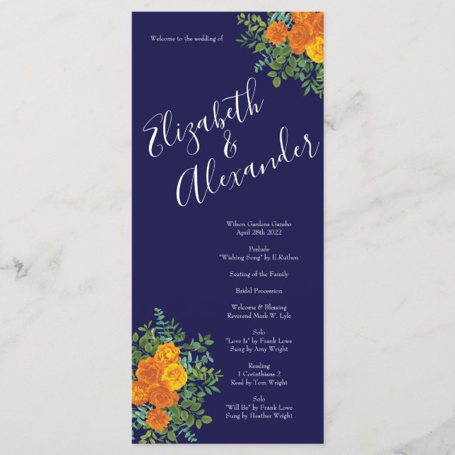 Orange Rose Navy Blue Wedding Menu (Front)