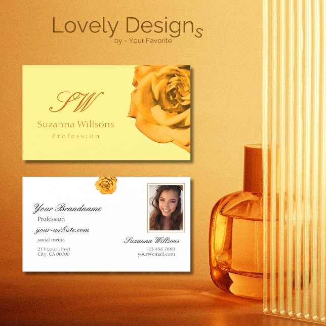 Orange Rose on Plain Peach White Initials Photo Business Card (Creator Uploaded)