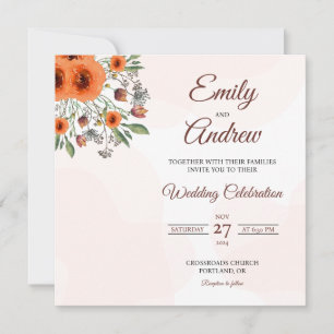 Orange Rose Watercolor Floral Square Wedding Invitation