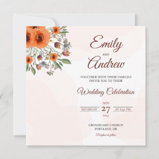Orange Rose Watercolor Floral Square Wedding Invitation