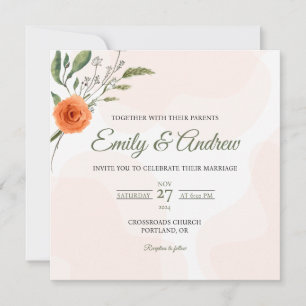 Orange Rose Watercolor Floral Square Wedding Invitation