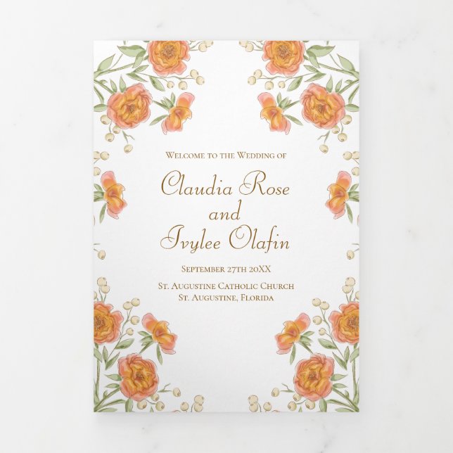 Orange Rose Wedding Programs Tri-Fold Programme (Cover)