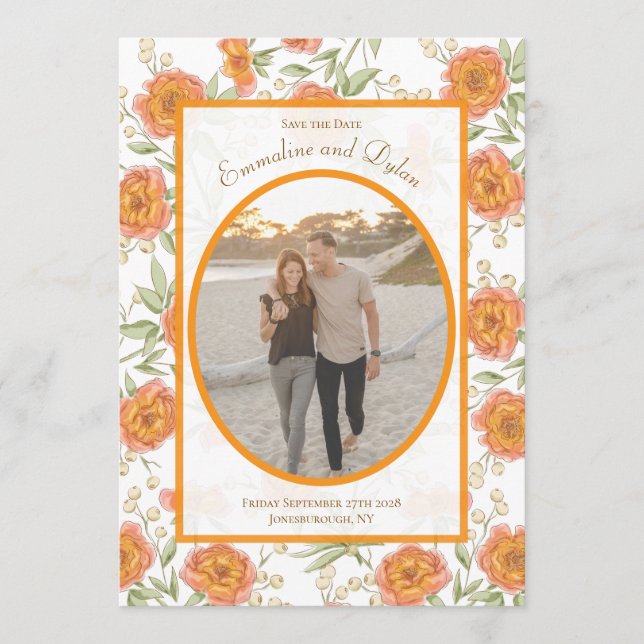 Orange Rose Wedding Save the Date Invitation (Front)