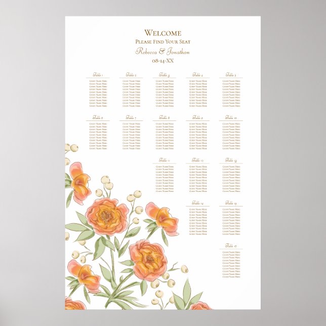 Orange Rose Wedding Seating Chart (Front)
