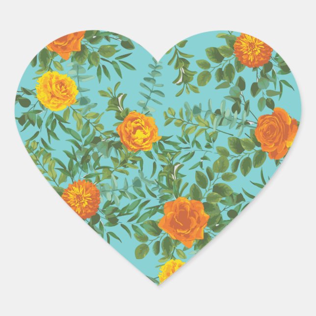 Orange Rose Wedding Teal Aqua Heart Sticker (Front)