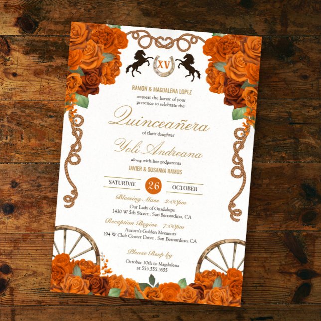 Orange Rose Western Quinceañera Invitation (Creator Uploaded)