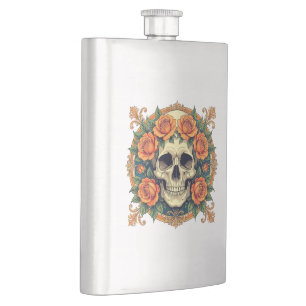 Orange Roses And Cranium Hip Flask