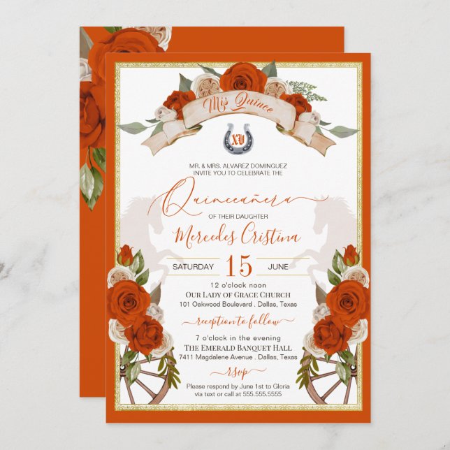 Orange Roses Quinceanera Western Charro Invitation (Front/Back)