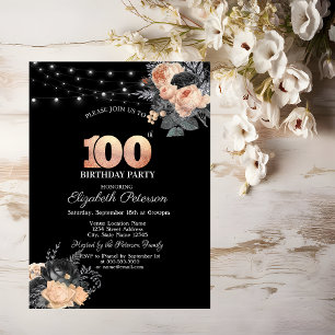 Orange Roses String Lights Black 100th Birthday Invitation
