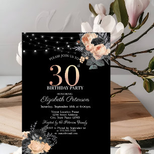 Orange Roses String Lights Black 30th Birthday Invitation
