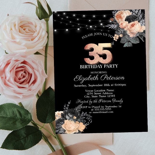 Orange Roses String Lights Black 35th Birthday Invitation (Creator Uploaded)