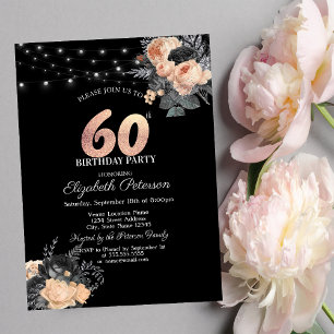 Orange Roses String Lights Black 60th Birthday Invitation