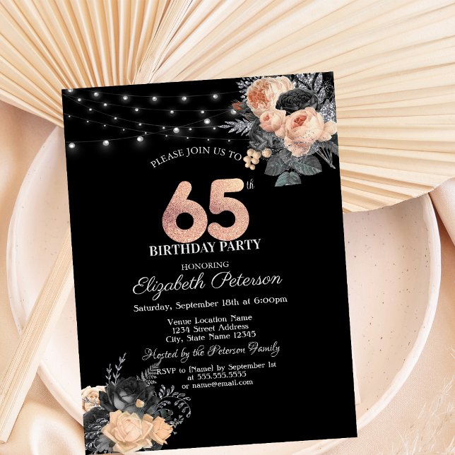 Orange Roses String Lights Black 65th Birthday Invitation (Creator Uploaded)