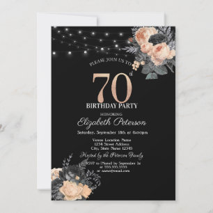 Orange Roses String Lights Black 70th Birthday Invitation