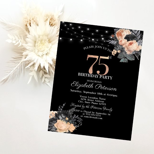 Orange Roses String Lights Black 75th Birthday Invitation (Creator Uploaded)