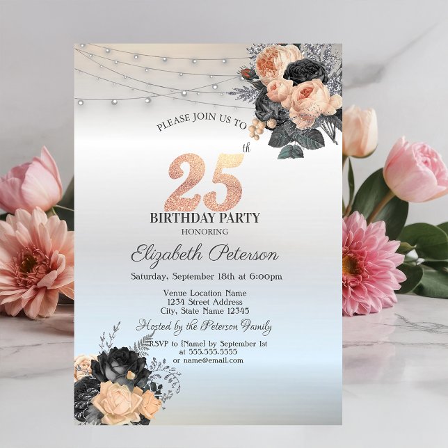 Orange Roses String Lights Silver 25th Birthday Invitation (Creator Uploaded)