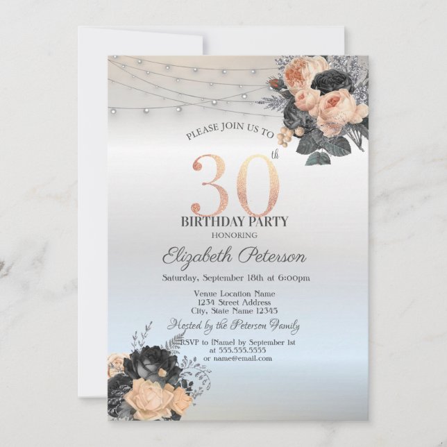 Orange Roses String Lights Silver 30th Birthday Invitation (Front)