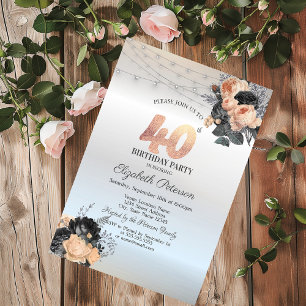 Orange Roses String Lights Silver 40th Birthday Invitation