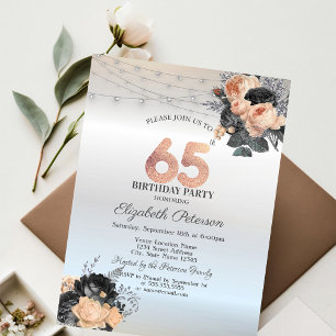 Orange Roses String Lights Silver 65th Birthday Invitation