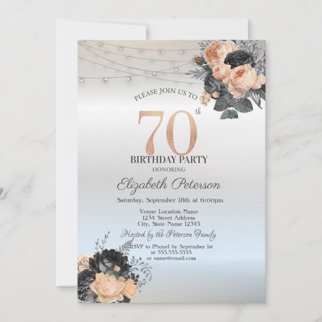 Orange Roses String Lights Silver 70th Birthday Invitation (Front)