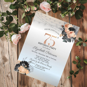 Orange Roses String Lights Silver 75th Birthday Invitation
