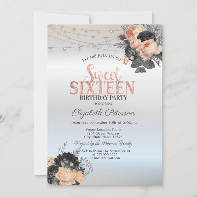 Orange Roses String Lights Silver Sweet 16 Invitation (Front)