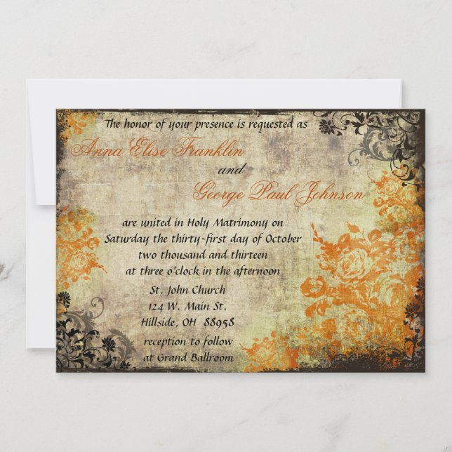 Orange Roses Vintage Wedding Invitation. Invitation (Front)